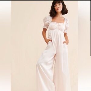 Selkie Puff Sleeve Wide Leg Jumpsuit Pale Pink Metallic XS
